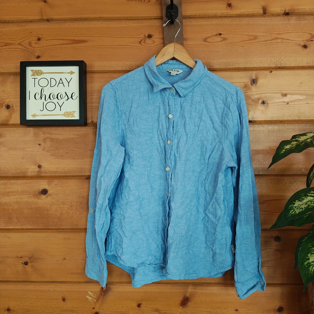 Orvis Classic Collection L/S Button Shirt Linen Blend Blue Chambray Preppy Sz‎ M
